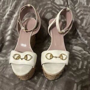 Authentic Gucci Horsebit Studded Cork Wedge Sandals - Cream Suede